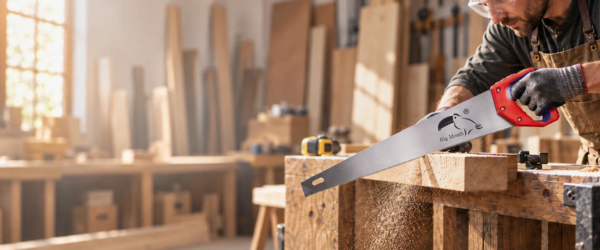 Big Mouth hand saw cutting timber in a woodworking workshop