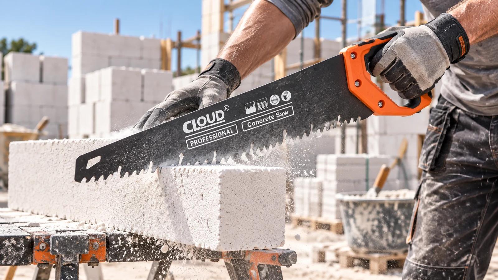 C-123 orange handled construction saw beside a masonry block