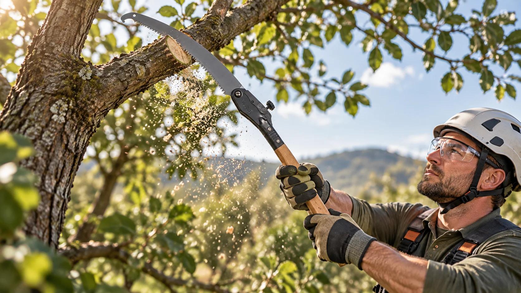 Pruning saw at work among garden branches